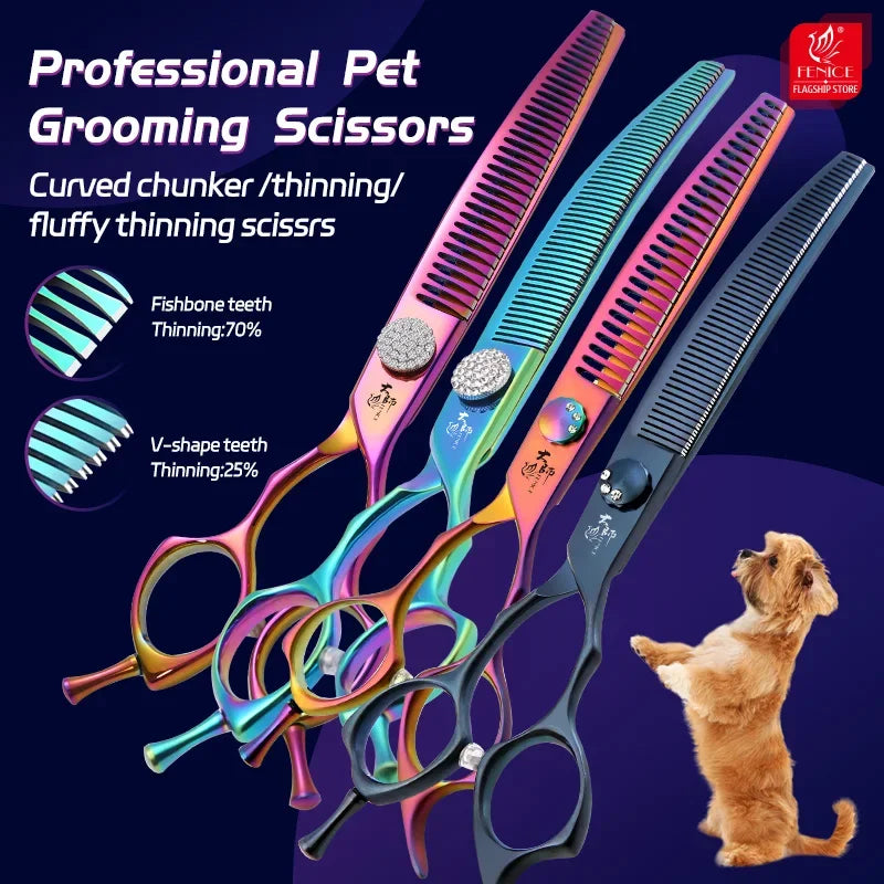 Tesouras de Tosa para Cães Fenice Professional 7.0/7.25/7.5 Polegadas JP440C Coloridas Curvas Desbaste Chunkers para Rosto e Corpo de Cães