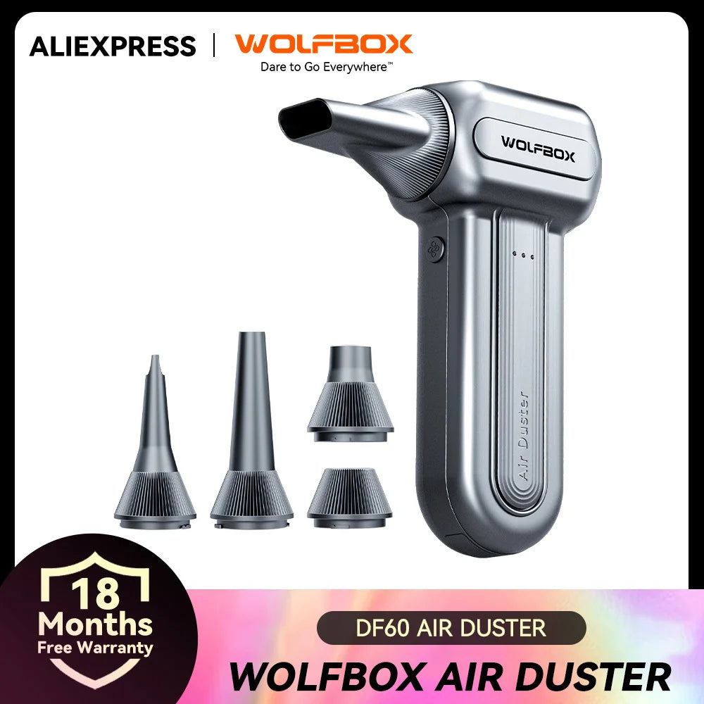 WOLFBOX DF60 Poderoso Espanador de Pó com Ventilador Soprador de Ar Sem Fio Espanador de Ar 110000RPM 3 Velocidades Ajustáveis Ventilador Portátil para Carro/Casa/Exterior