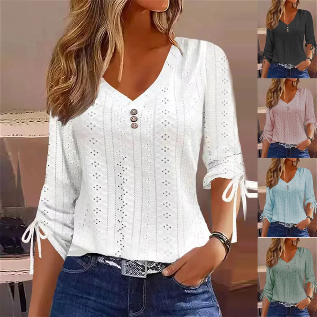 Camisa de Renda Sólida Blusas Femininas Camisetas Roupas Primavera Outono Básica Coreana Branca Blusa Vintage Feminina Roupas Y2K Pulôver Camiseta - SY2307255 Branca XL