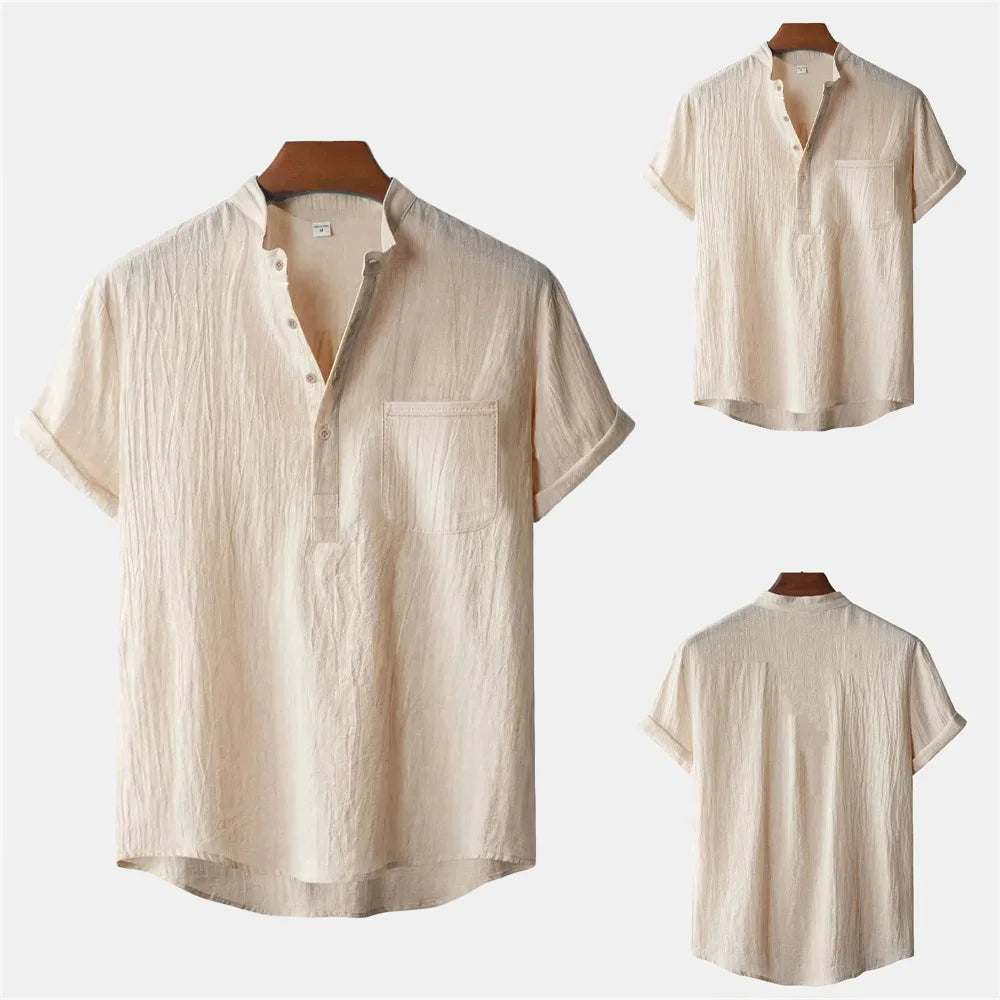 Camiseta Masculina de Verão em Algodão e Linho Estilo Praia Manga Curta Gola Henley Férias Havaí Casual Leve Respirável Confortável