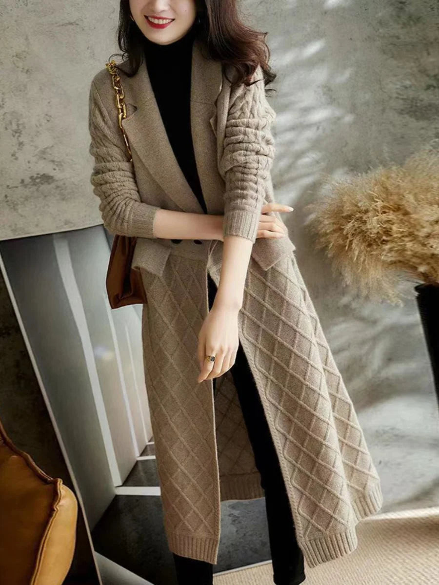 Cardigã de Lapela Médio Grosso Feminino de Malha para Outono/Inverno Manga Longa Cor Pura Estilo Preguiçoso Solto Camisola Estilo Casual 1 - S Camel