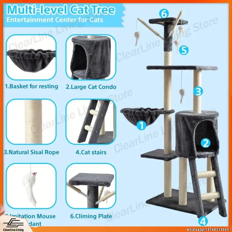 Large Multi-Tier Cat Tree with Cozy Beds Cat House Sisal Wrapped Scratching Post and Teaser Wand for Indoor Cats Small Medium