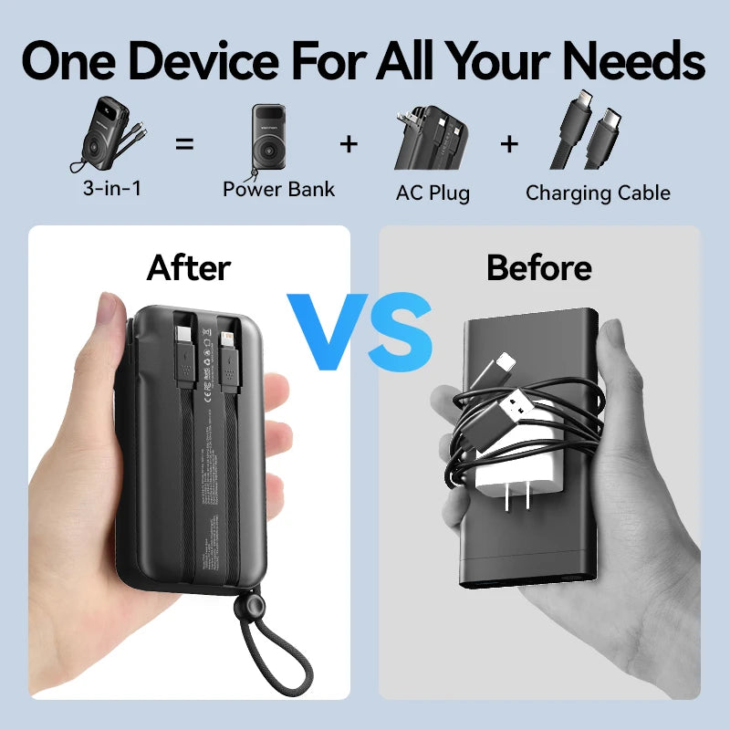Magnetic Power Bank 10000mAh Fast Charge Built-in Cables AC Plug