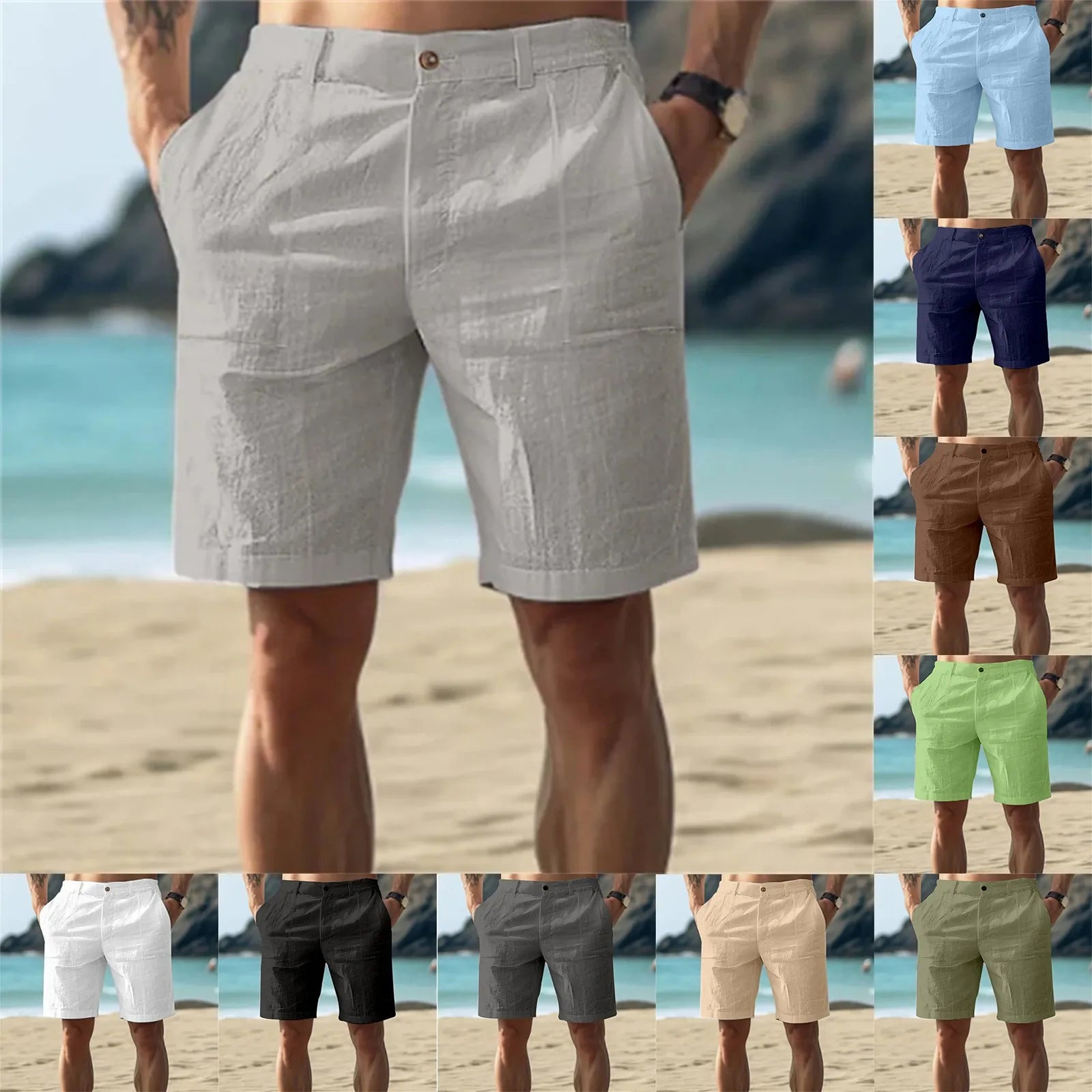 Calças Masculinas de Linho com Cor Sólida Casuais para Praia, Respiráveis, Confortáveis e Retas, Curtas, Estilo Havaiano para Férias de 2025