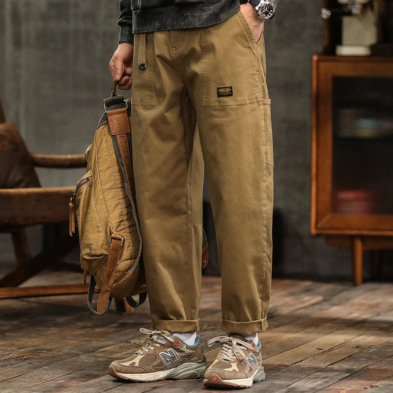 Hiqor Roupas Masculinas Primavera Outono Calça Cargo Homem Algodão Casual Solta Calça Cinto Cintura Média Joggers Masculino Reta Calça Larga