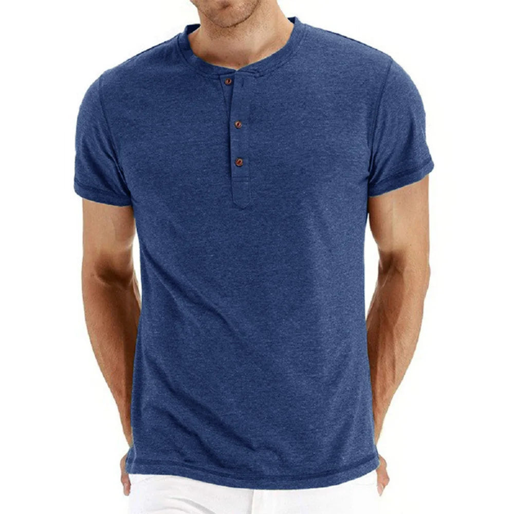 Camiseta Masculina Algodão de Qualidade Gola Henley Design de Moda Slim Fit Cor Sólida Tops Masculinos Camisetas Manga Curta Para Homens