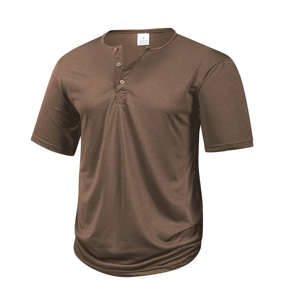 Men's Casual Henry T Shirt Summer Brown Button Solid Color Polo...
