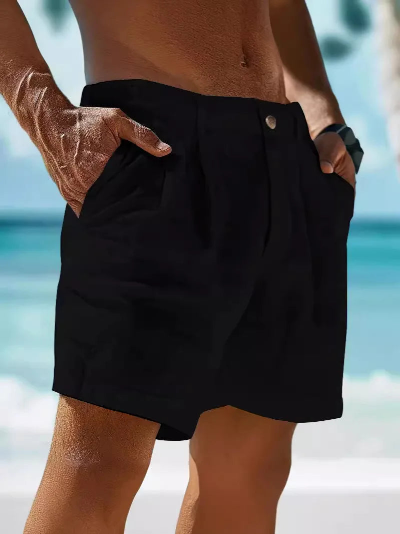 Bermuda Masculina Algodão e Linho 2026 de Verão, Cor Sólida, Casual, Botão, Bolso, Praia, Confortável, Simples, Férias, Lazer