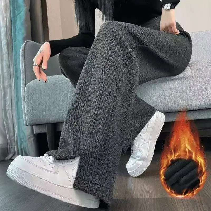 Calça Feminina Cintura Alta Perna Larga Casual Reta Forrada com Lã Grossa Calças Outono Inverno Novo Estilo da Moda