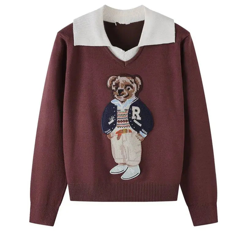 Camisola Suéter Tricotada Urso Bordado Luxo Francês de Rua Para Mulheres Moda Casual Tricô Blusas Pull Femme