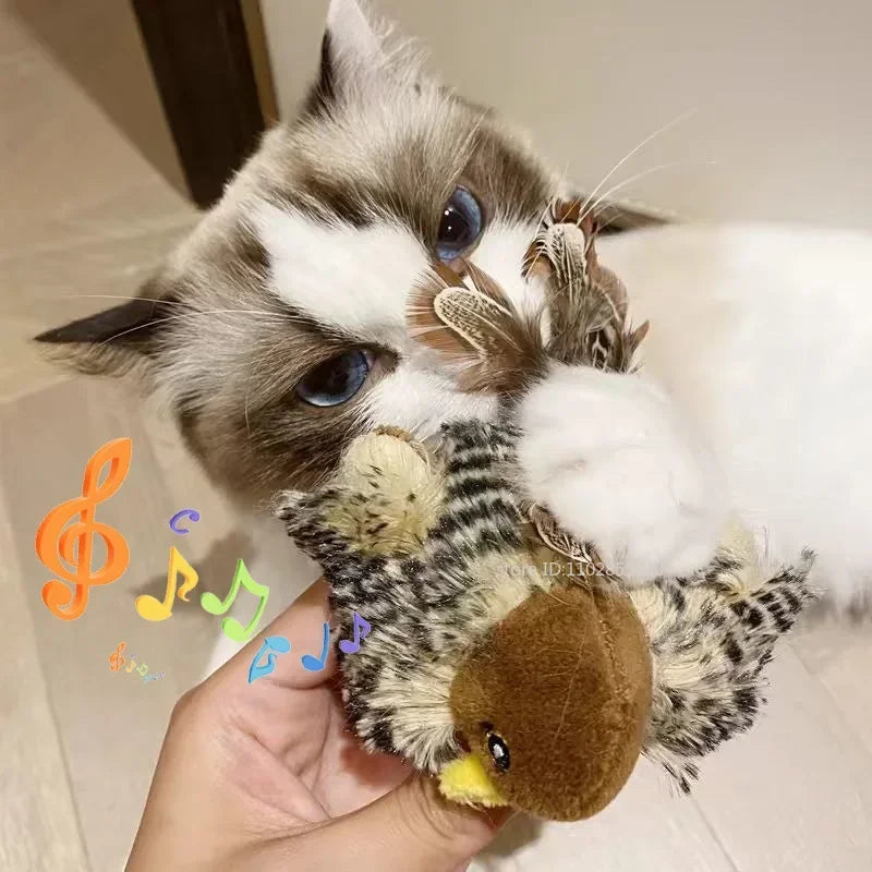 Brinquedos Interativos Laváveis para Gatos, Pássaro Voador de Pelúcia, Brinquedo com Chiado para Gatos, Brinquedo de Pardal com Catnip, Pássaro de Simulação com Canto Vívido, Interativo