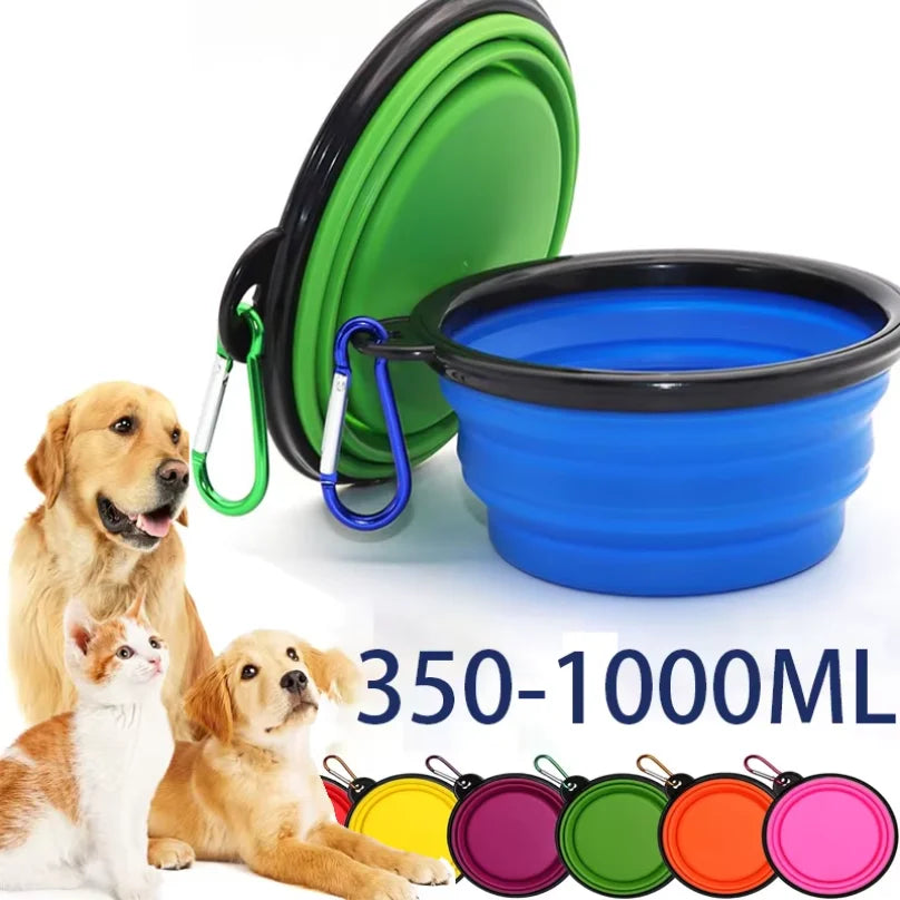 Tigela Dobrável Portátil de Silicone para Alimentação de Cães 2 em 1 Dispensador para Animais de Estimação Viagem ao Ar Livre Cães Gatos com Garrafa Mosquetão Recipiente de Água Comida