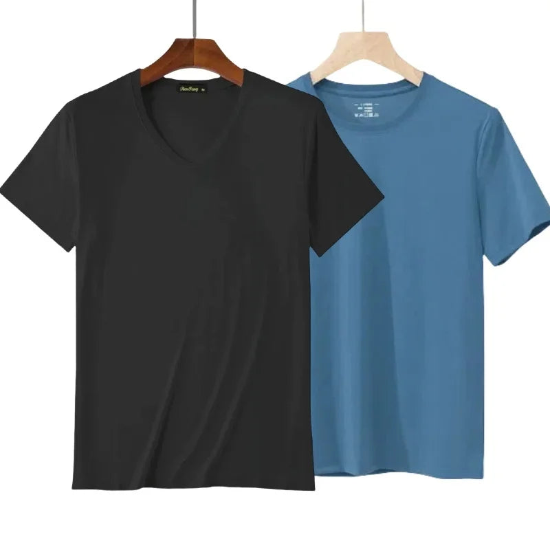 2 Pacotes de Camisetas de Fibra de Bambu com Gola Redonda Manga Curta Clássica Absorvente de Suor para Academia Masculina Regata Cor Sólida Preta Nova