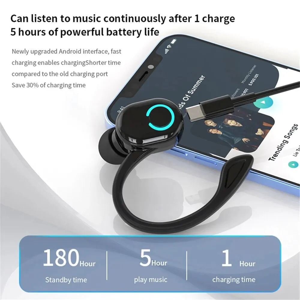 Fone de ouvido Bluetooth 5.2 sem fio de gancho único, intra-auricular, bateria de duração ultra longa, fone de ouvido comercial para celular