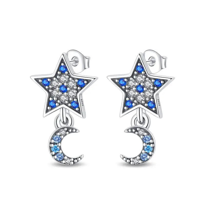 925 Sterling Silver Moon Universe Starry Sky Series Charm Earrings Women Blue Shiny Zircon Daily Wear Jewelry