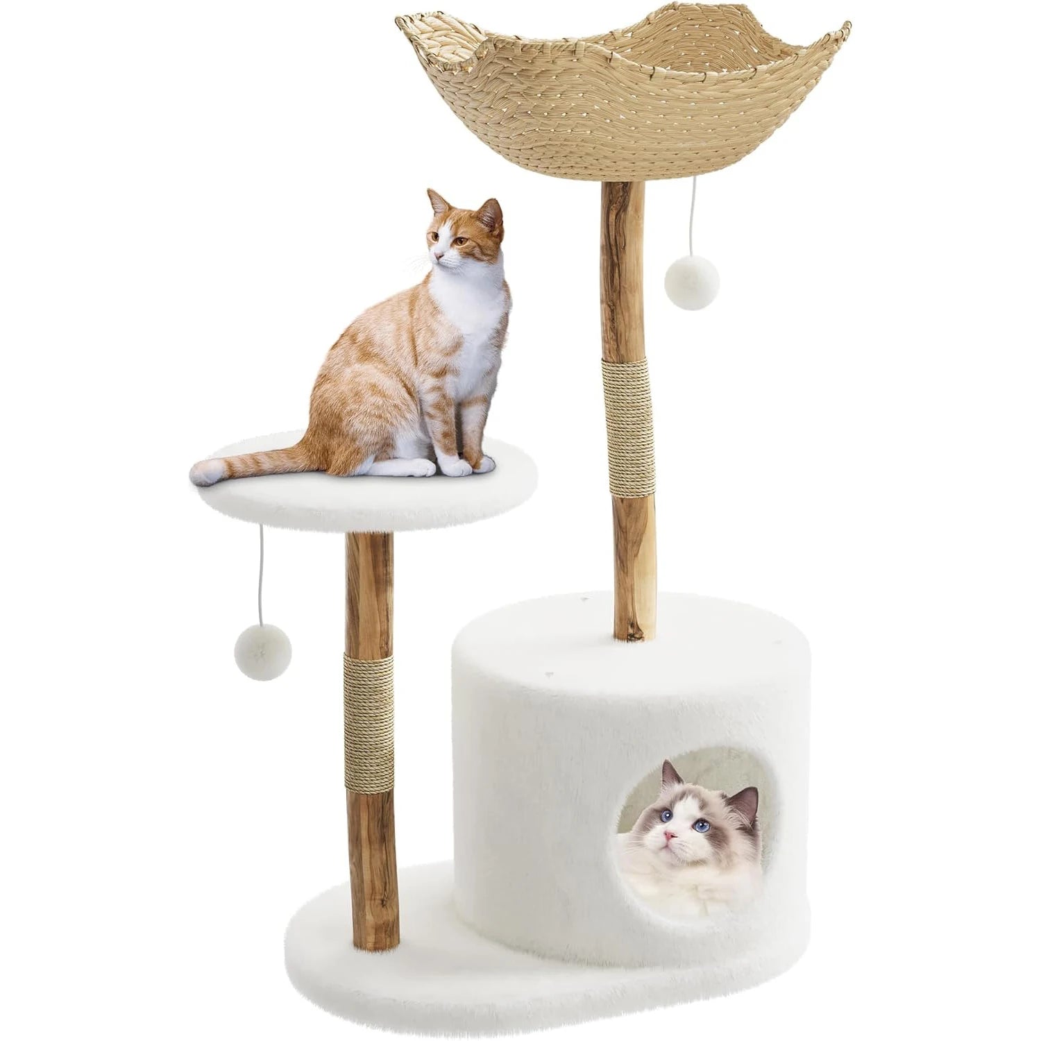 Multi-Level Cat Tree Tower with Cozy Bed Wicker Basket Condo Wooden Scratching Post Climbing Activity Center for Cats Indoor