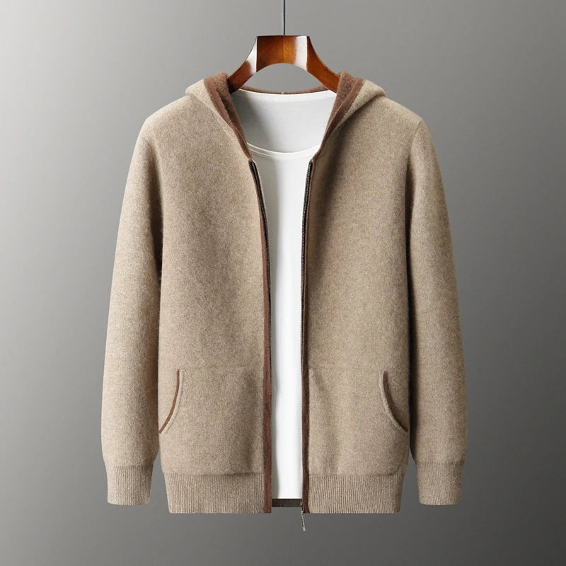 Outono Inverno Novo Suéter de Caxemira 100% Blusão Masculino Cardigã com Zíper e Capuz em Camada de Ar Engrossado Bloco de Cores Suéter de Tricô Jaqueta
