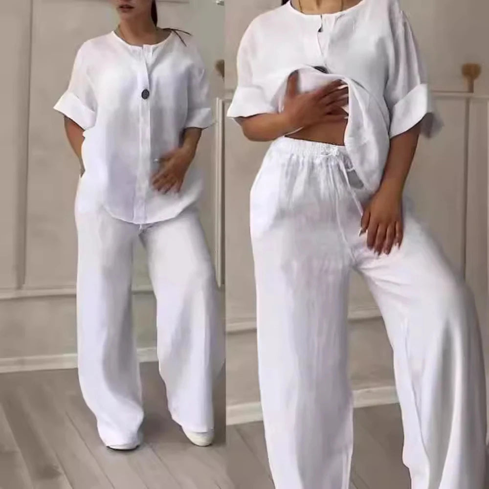 Conjunto de Linho e Algodão 2 Peças Blusa de Manga Comprida Solta com Botão e Calça Pantalona Larga de Cintura Alta Elástica NMD-3021