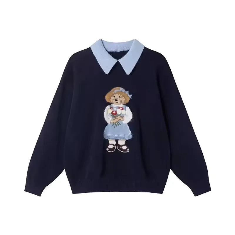 Suéter Feminino de Tricô com Urso Bordado Estilo Francês de Luxo para Mulheres Blusas Casuais de Malha Suéter Pull Femme