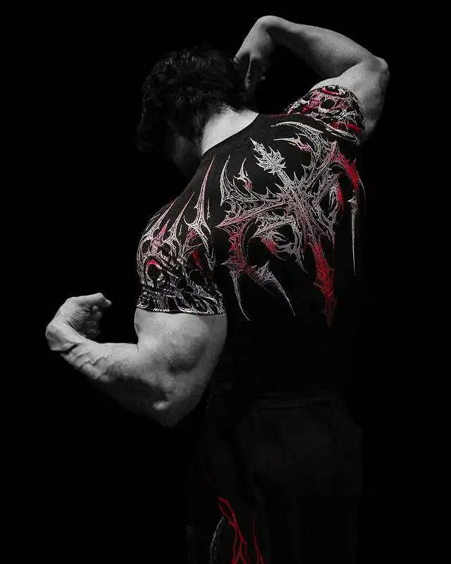 Men's Gothic Print Muscle Tee High Elasticity Quick-Dry Bodybuilding Training T-Shirt