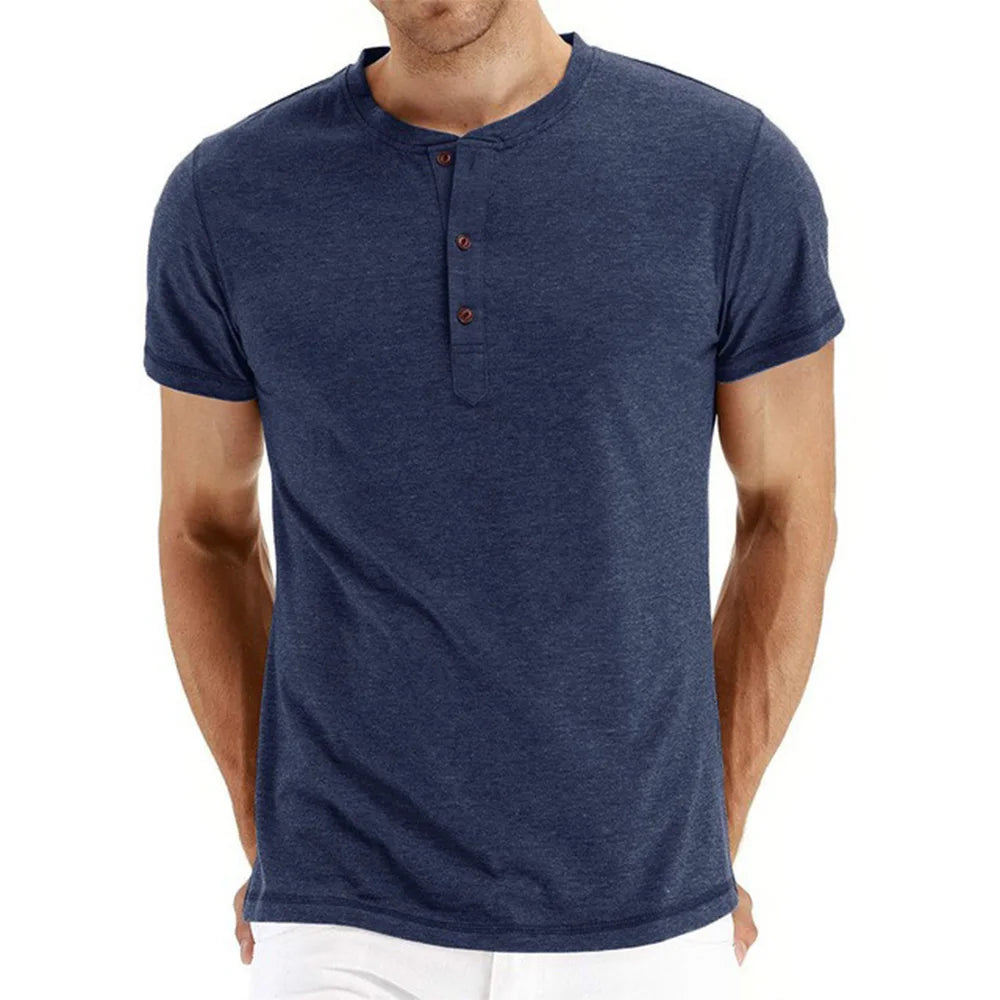Camiseta Masculina Algodão de Qualidade Gola Henley Design de Moda Slim Fit Cor Sólida Tops Masculinos Camisetas Manga Curta Para Homens