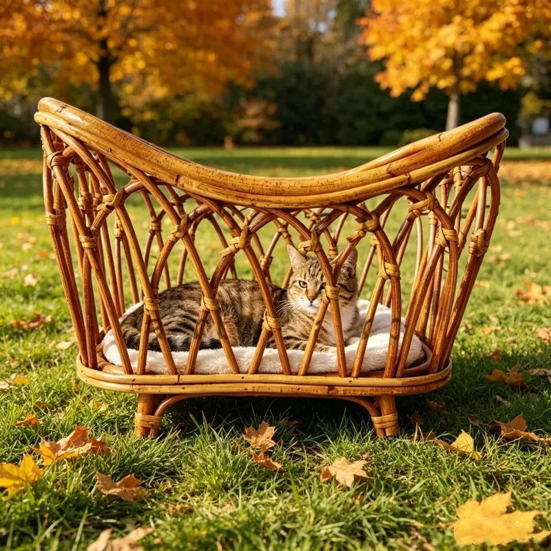 Breathable Natural Rattan Cat Bed Basket Handwoven Cat Photography Prop Wicker Pet Bed for Indoor Cats Photo Shoot Decoration