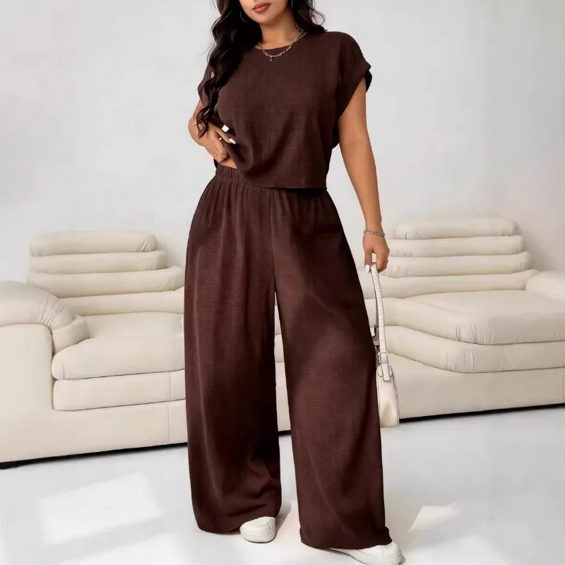 Conjunto Loungewear Feminino Texturizado 2 Peças Top Manga Curta Calça Pantacourt