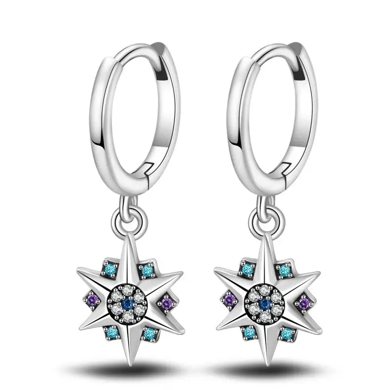 925 Sterling Silver Moon Universe Starry Sky Series Charm Earrings Women Blue Shiny Zircon Daily Wear Jewelry