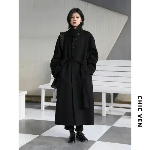 CHIC VEN Casaco Trench Longo Feminino Gola Alta Cinto Amarração Lã Manga Raglan Sobretudo Longo Escritório Senhora Outono Inverno 2024