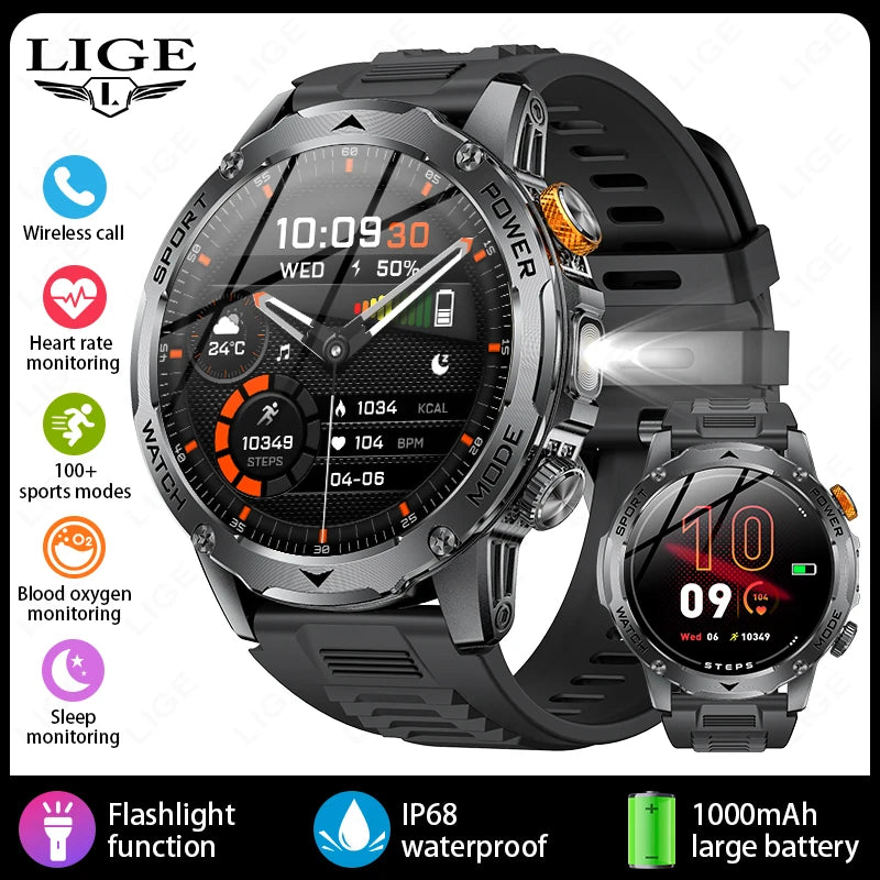 LIGE Novo Smartwatch Masculino Bateria de Grande Capacidade 1000mAh Lanterna Externa Chamada Bluetooth À Prova D'água Esportivo Fitness Smartwatch