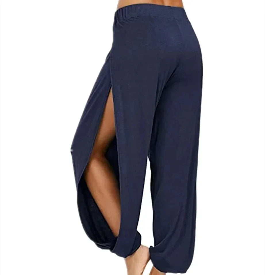 Calça Feminina Harem de Ioga com Fenda de Cintura Alta e Perna Larga Calça Legging de Academia Casual Sólida Vazada para Treino Calça para Academia e Uso Doméstico