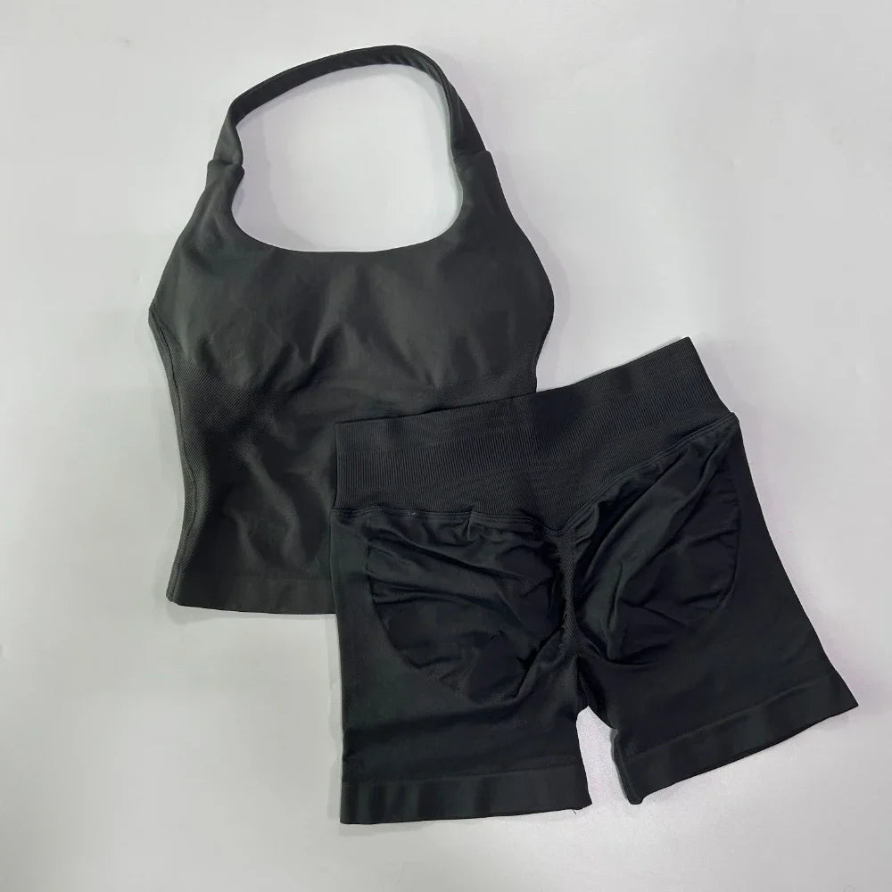 Conjunto de ginástica de 2 peças de ioga para mulheres, tops tipo halter sem costas, shorts sem costura de cintura alta, conjunto de ginástica, sutiãs esportivos de fitness, roupa esportiva, conjuntos de treino