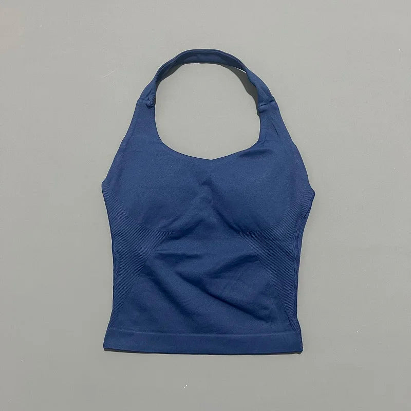 Regata Esportiva Feminina para Academia Sem Costura Yoga com Bojo Removível Top Esportivo Push-up Fitness Treino Corrida