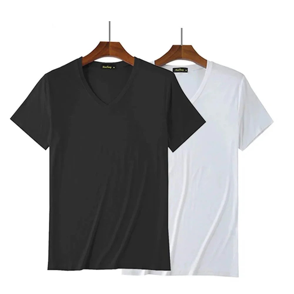 2 Pacotes de Camisetas de Fibra de Bambu com Gola Redonda Manga Curta Clássica Absorvente de Suor para Academia Masculina Regata Cor Sólida Preta Nova