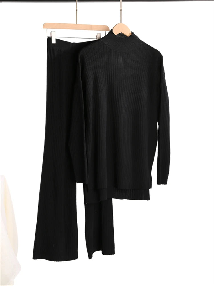Conjunto Feminino de 2 Peças Outono Inverno, Agasalho de Malha, Suéter Gola Alta e Calça Jogger Reta