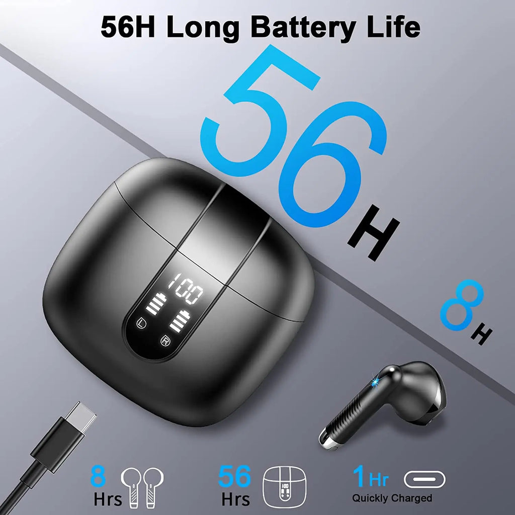 Fones de Ouvido Sem Fio HE050A, Bluetooth 5.3, 4 Microfones ENC com Cancelamento de Ruído, Estojo de Carregamento com Tela LED de 40H, Fones Intra-auriculares à Prova d'Água IP7.