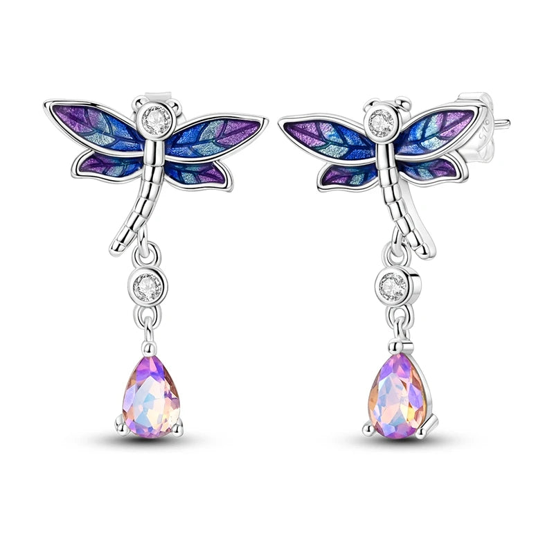 Lucky Clover Earrings 925 Silver Original Zircon Butterfly Dragonfly Chameleons Bee Flower Earrings For Women Jewelry Gift