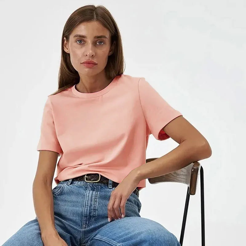 Camiseta Feminina 3XG 4XG 100 Algodão Oversized Casual Lisa Manga Curta Verão Top Básico de Rua Roupa de Qualidade - Rosa 4XG