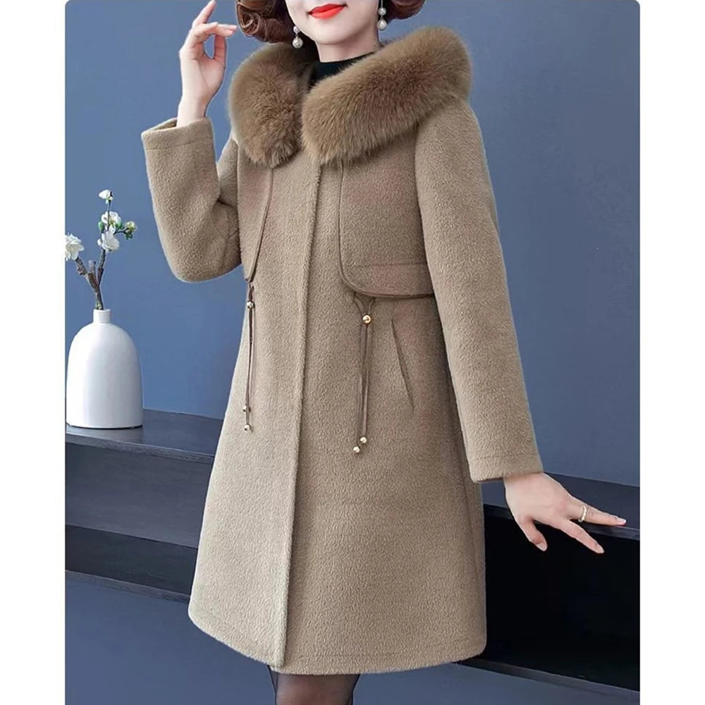Casaco Feminino de Lã de Alto Nível Jaqueta Longa de Inverno Feminina Imitação de Vison Grossa Casacos de Lã Quentes Sobretudo de Lã para Mãe