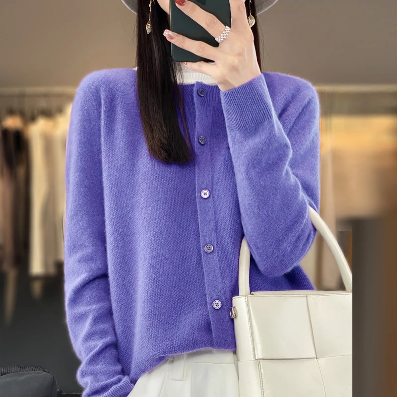 Cardigã Feminino de Lã Merino 100% Cashmere, Suéter para Outono Inverno, Gola Redonda, Manga Longa, Malha Feminina, Roupas Básicas, Blusas - Shumei XXL