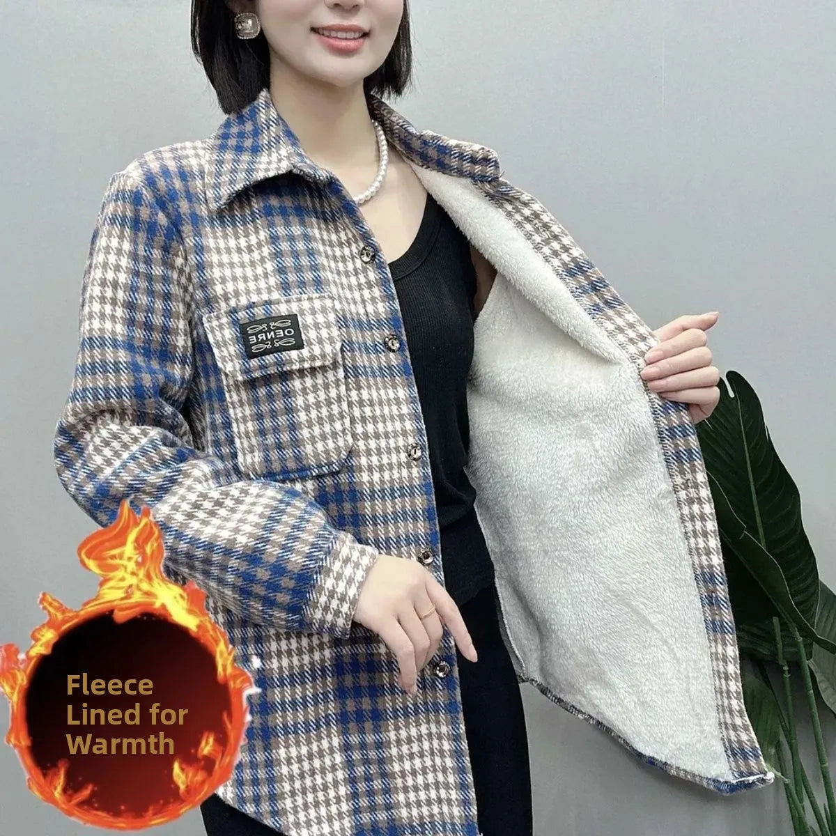 Camisa Xadrez Feminina de Lã Grossa Casual Solta Outono Inverno Quente Manga Regular Comprida Gola Marca Chinesa