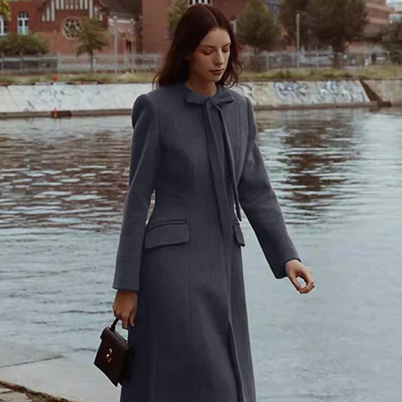 Heben Style Long Woolen Coat with Sash Spring New Arrival Warmth Hidden Buttons Women's Straight Leg Fashion Outerwear
