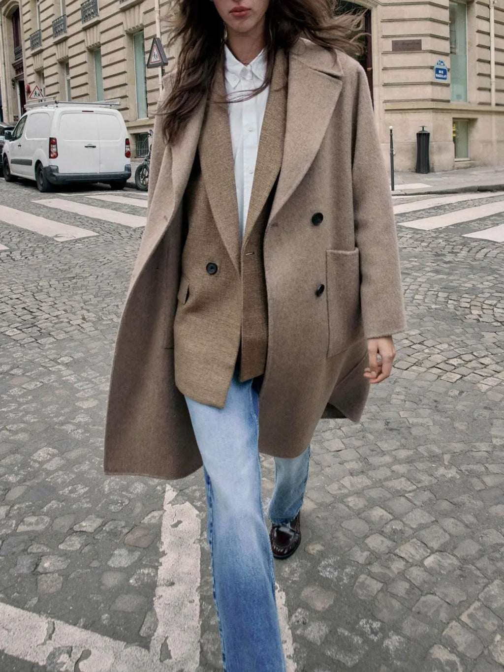 Fashionable Double-Breasted Long Woolen Coat Deep Coffee Color Double-Faced Large Collar Women's Premium Quality Outerwear