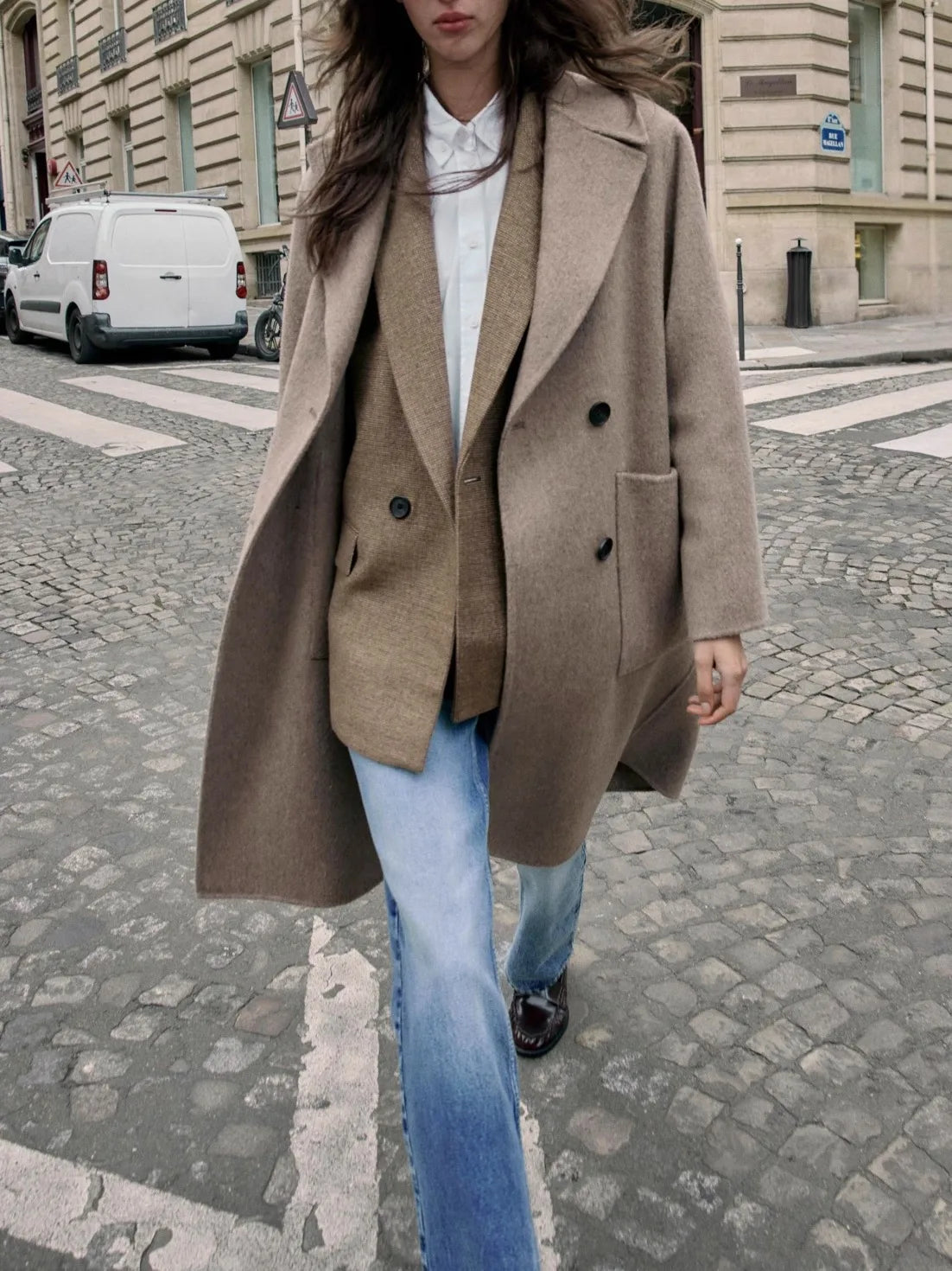 Fashionable Double-Breasted Long Woolen Coat Deep Coffee Color Double-Faced Large Collar Women's Premium Quality Outerwear