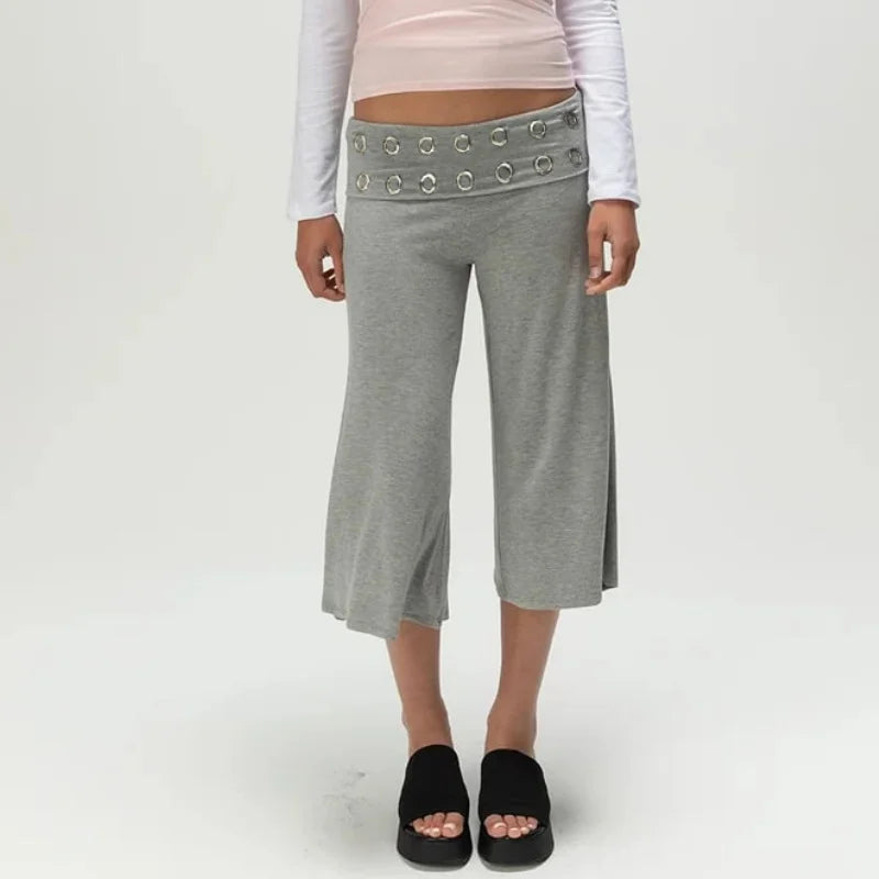 Calças capri femininas sexy de sarja dobrada de perna larga cropped fluidas estilo gaúcho confortáveis casuais para yoga estilo culotte parte de baixo de pijama streetwear