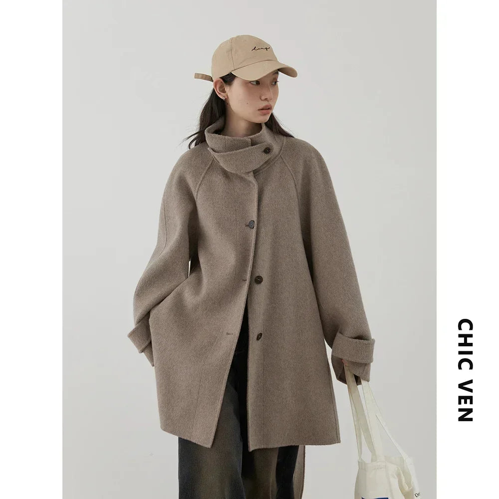 CHIC VEN Casaco Feminino Coreano de Lã Botão Único Gola Alta Solta com Cinto Longo Dupla Face Sobretudo Feminino Outono Inverno 2024
