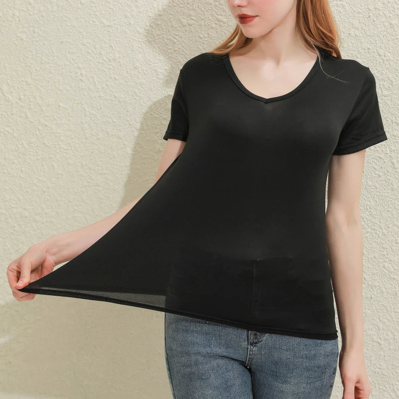 Camiseta Feminina de Algodão Decote V Manga Curta Feminina Slim Branca e Preta Casual Lisa Blusa - Branca Decote V M