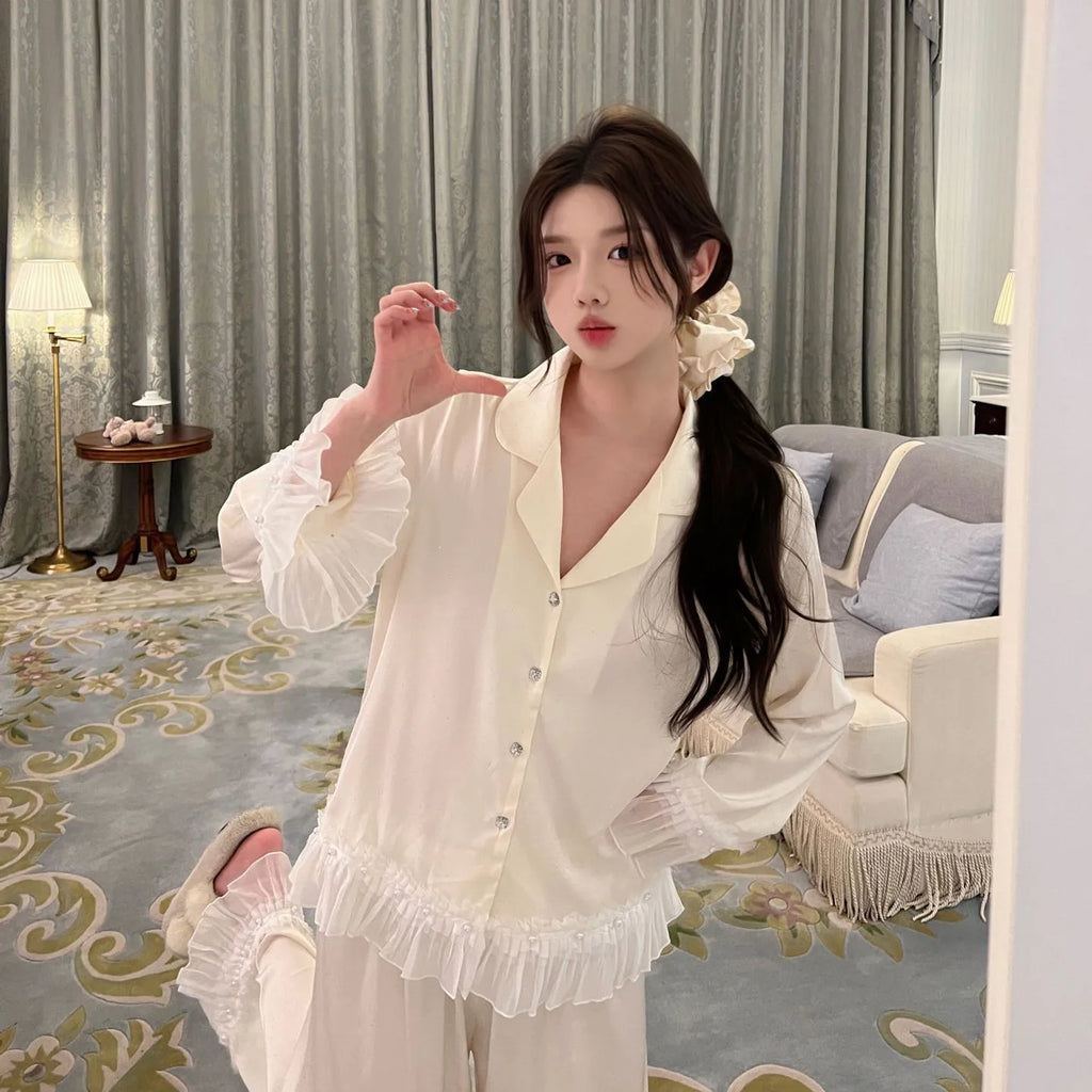 Pijama Feminino 2 Peças Sexy com Babados Manga Longa e Calça de Cetim Solto Casual para Casa