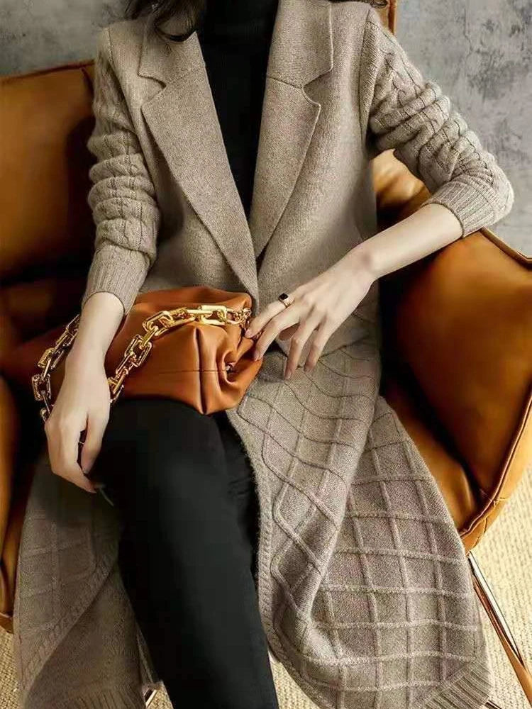 Cardigã de Lapela Médio Grosso Feminino de Malha para Outono/Inverno Manga Longa Cor Pura Estilo Preguiçoso Solto Camisola Estilo Casual 1 - S Camel