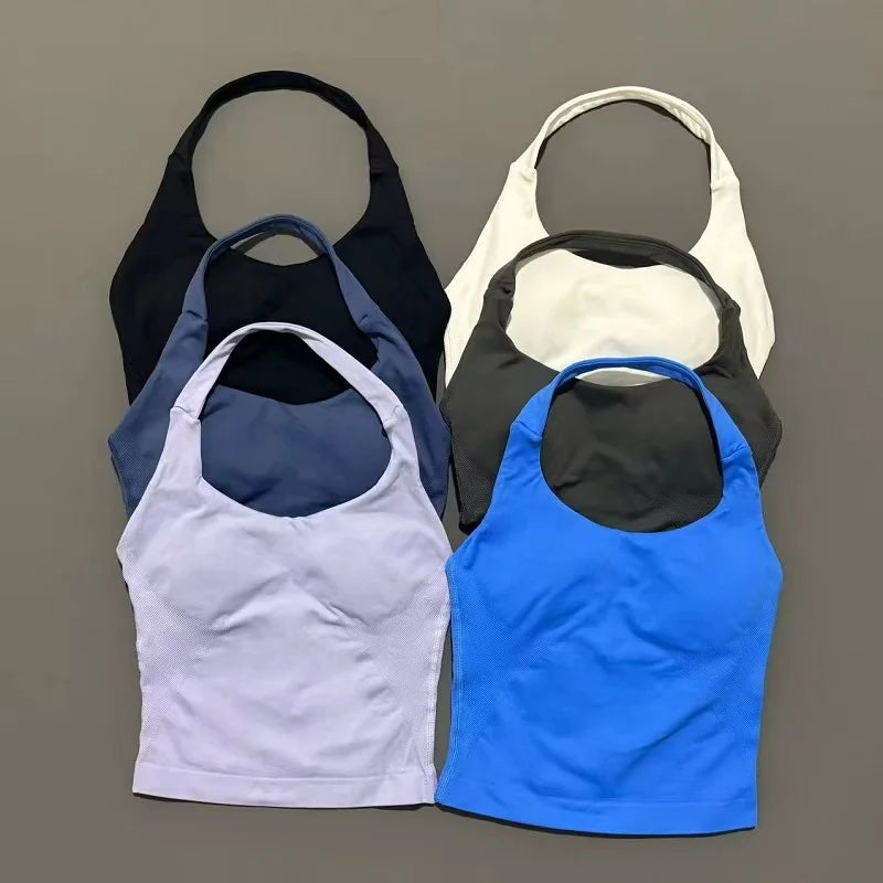 Regata Esportiva Feminina para Academia Sem Costura Yoga com Bojo Removível Top Esportivo Push-up Fitness Treino Corrida